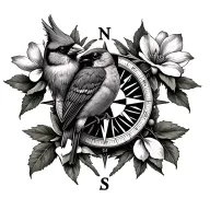cardinal perched on a compass made with dogwood flower tattoo design idea