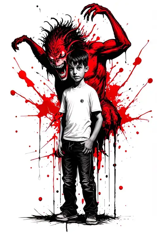 a boy standing with a scary demon grabbing him from behind tattoo design idea
