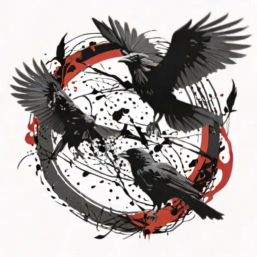 raven and a crow circling together in dark, ominous motion, with black feathers and intricate detailing. The background tattoo design idea