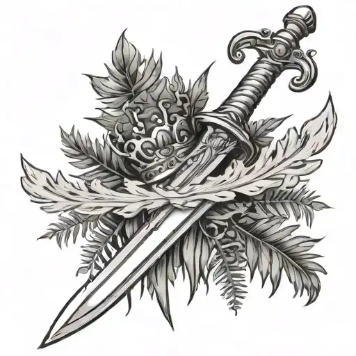 Crown and ferns sticking long sword tattoo design idea