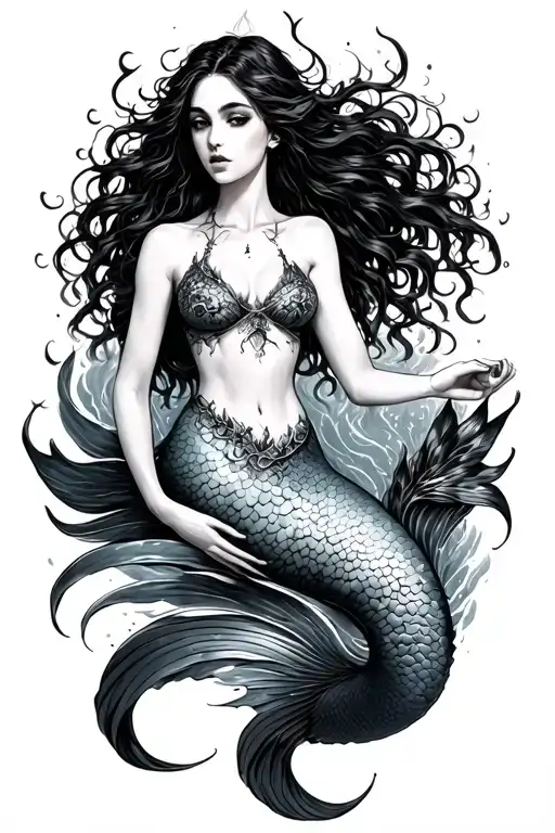 gothic mermaid swimming tattoo design idea