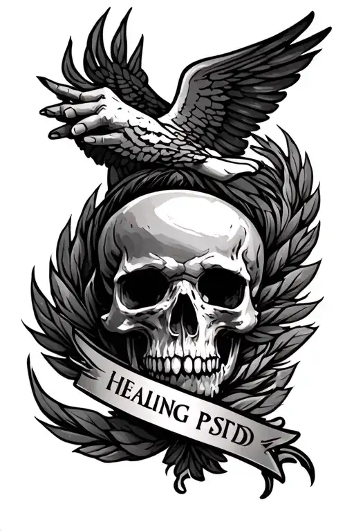 A full-color, wrap-around tattoo sleeve design for one arm, symbolizing a powerful healing journey from combat PTSD.  tattoo design idea