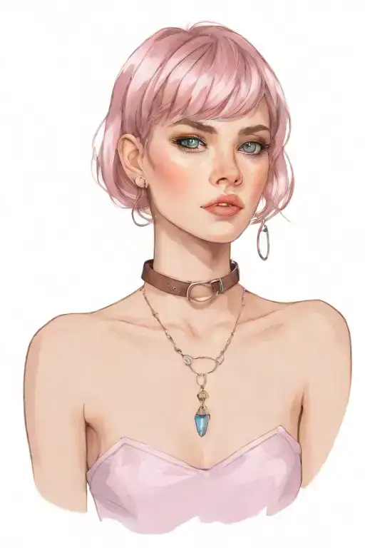 sissy slave pink leather collar with chain leash pixie cut chestnut brown hair blue eyes flat chest tattoo design idea