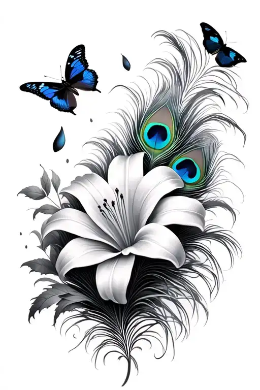 Lilly's with butterflies peacock feathers falling tattoo design idea