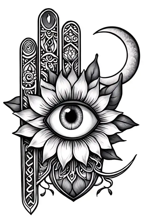 A hamsa hand and inside an evil eye, a lotus flower, a half moon, and an Aries symbol tattoo design idea