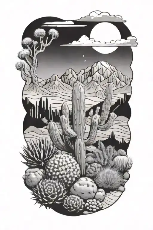 desert landscape filled with cacti tattoo design idea