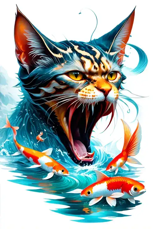 demon cat with long mouth open and a river flowing from mouth with koi fish and spirits in the river tattoo design idea