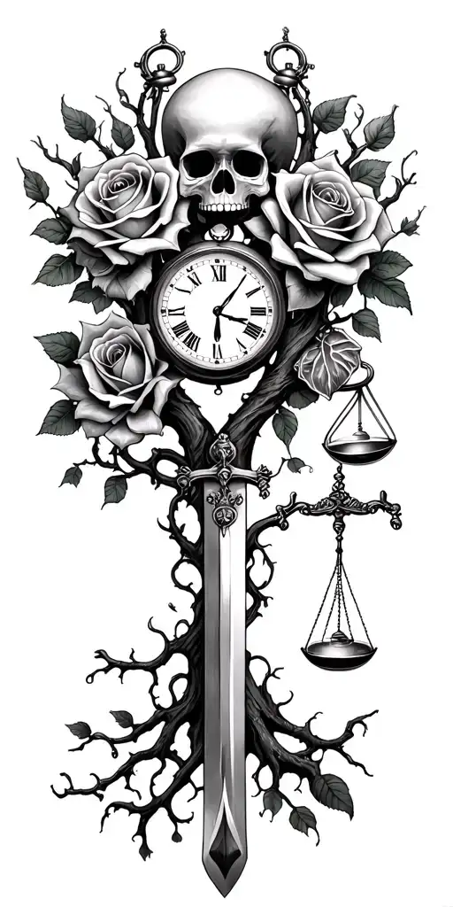 family tree, rose intertwined, evil eye, skull, scales, truth, pocket watch, hour glass, sword tattoo design idea