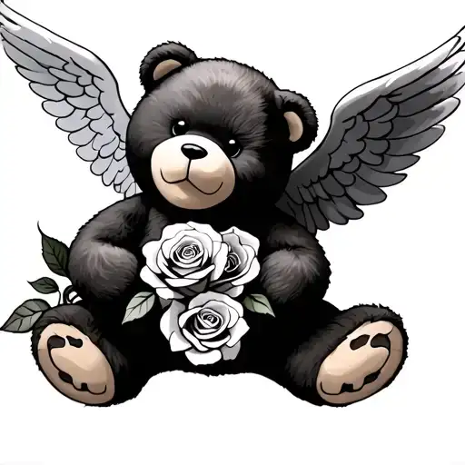a teddy bear with angel wings holding roses tattoo design idea