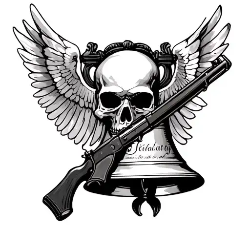 Dove Skull with rifle and 1776 declaration liberty bell tattoo design idea
