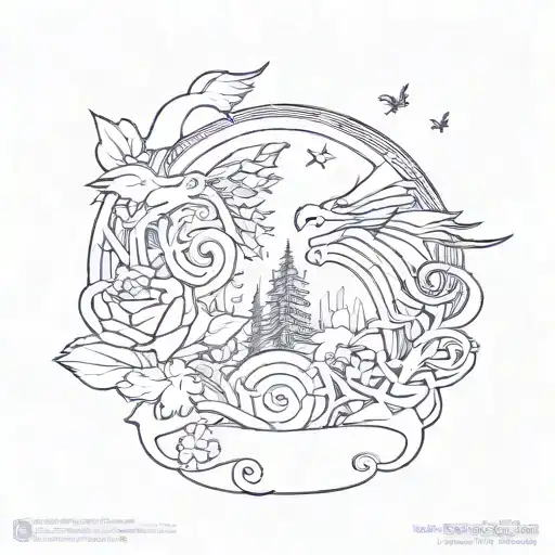 simple fine line tattoo design of a whimiscal open book with dragons, fairies, flowers, trees, vines, fantasy esc things tattoo design idea