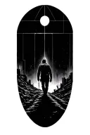 A wanderer walking uphill through a background of geometric urban destruction toward light. Seen from behind tattoo design idea