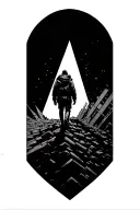 A wanderer walking uphill through a background of geometric urban destruction toward light. Seen from behind tattoo design idea