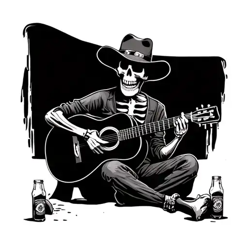 western skeleton sitting playing acoustic guitar with flat bill hat on and some beers tattoo design idea
