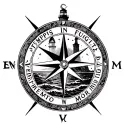 compass, text saying "Tempus Fugit Memento Mori", lighthouse, oceans, sunset tattoo design idea