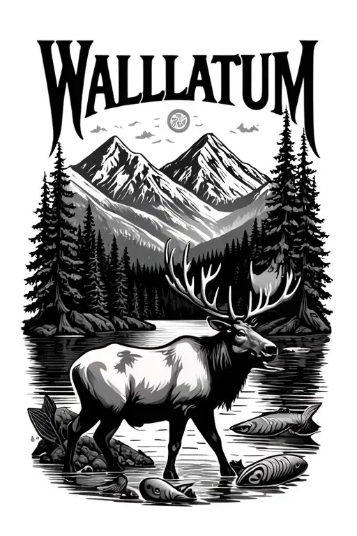the word 'WALLULATUM' along with an elk, salmon, trees, a mountain, and a river tattoo design idea