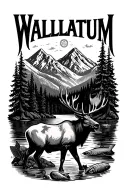 the word 'WALLULATUM' along with an elk, salmon, trees, a mountain, and a river tattoo design idea