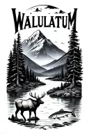 the word 'WALLULATUM' along with an elk, salmon, trees, a mountain, and a river tattoo design idea