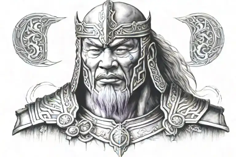half genghis khan half thanos half face made tattoo design idea