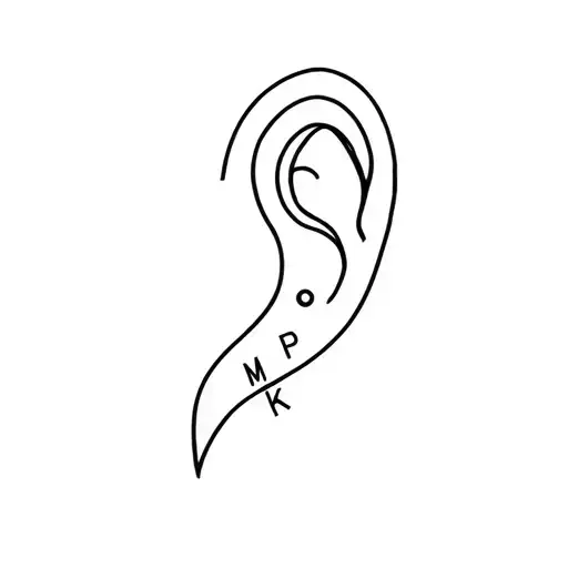 Minimal black line art tattoo, ear outline shaped by a thin snake, 3 small dots as earrings with letters M P K, no shadi tattoo design idea