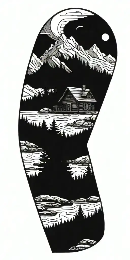 A detailed log cabin nestled in the mountains surrounded by pine trees and a flowing river tattoo design idea