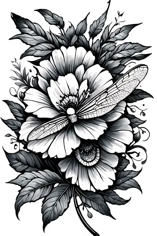 flower, leaves and dragon fly and weight lifting tattoo design idea