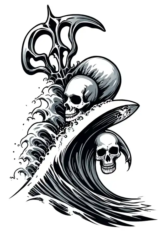 trident and skull surfing wave tattoo design idea