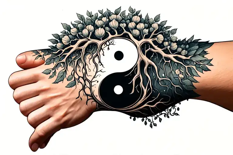 A thick wrist tattoo, wristband, forearm, tree of life, yin and yang, zodiac signs, aries sign, Taurus sign, Venus sign, tattoo design idea