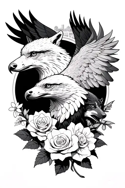 eagle centrepiece, 2 wolves around the outside, gaps filled by roses and daffodils  tattoo design idea