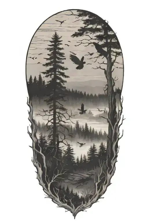 haunted forest scene featuring crows flying in the distance  tattoo design idea