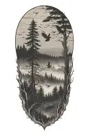 haunted forest scene featuring crows flying in the distance  tattoo design idea