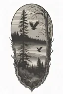haunted forest scene featuring crows flying in the distance  tattoo design idea
