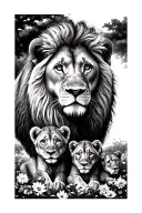 lion with 3 lion cubs flowers tattoo design idea
