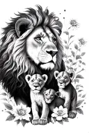 lion with 3 lion cubs flowers tattoo design idea