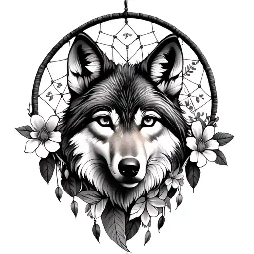 dream catcher with feminine wolf face surrounded with flowers tattoo design idea