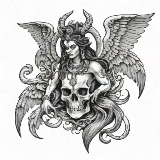 good and evil angel and devil in one entity of Lord Shiva with Holo gram skull and wings for backbone tattoo tattoo design idea