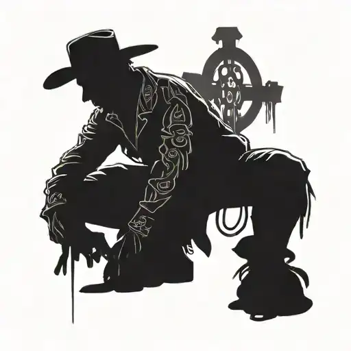 silhouette of a cowboy that is kneeling down next to a cross tattoo design idea