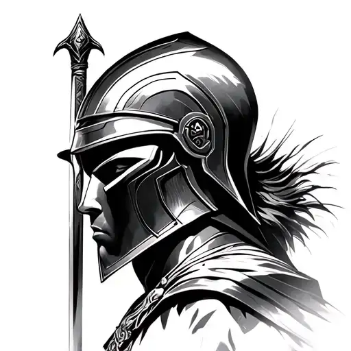 profile of spartan warrior with sword and cape. Detailed facial features under helmet. Defined musculature. tattoo design idea