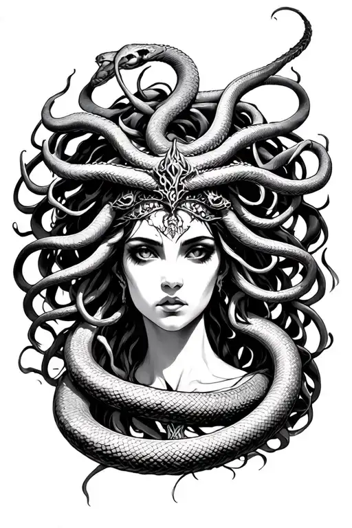 Medusa Gorgona looking straight at you, Powerful, Like a valkyrie, with hair as venomous snakes tattoo design idea