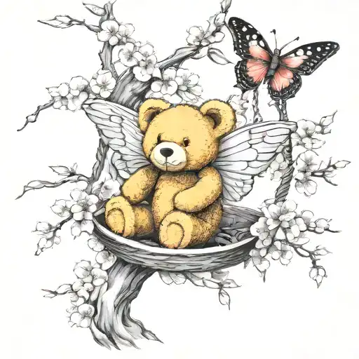 butterfly with angel wings, teddy bear on the swing, cherry blossom tree tattoo design idea