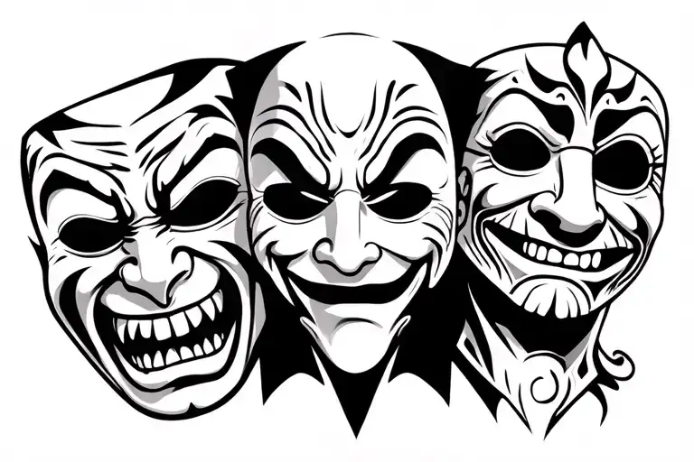 three comedy tragedy masks. the left maniacally angry. the right dementedly sad. the middle creepy smiling tattoo design idea