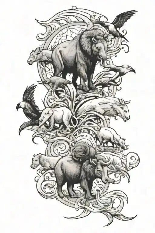 One picture with all these animals Dolphin, elephant, scorpion, buffalo, bear, lion, wolf, orca Eagle butterfly, raven tattoo design idea