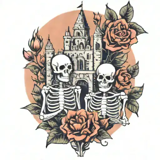 flowers, castle, skeleton love tattoo design idea