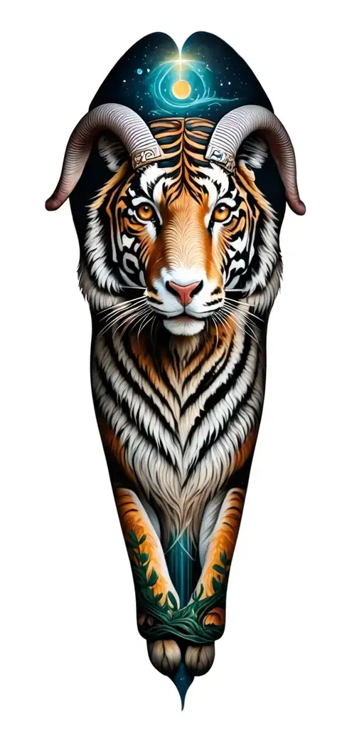 full leg sleeve, capricorn goat, greek mythology, tiger, tree of life red eue tattoo design idea