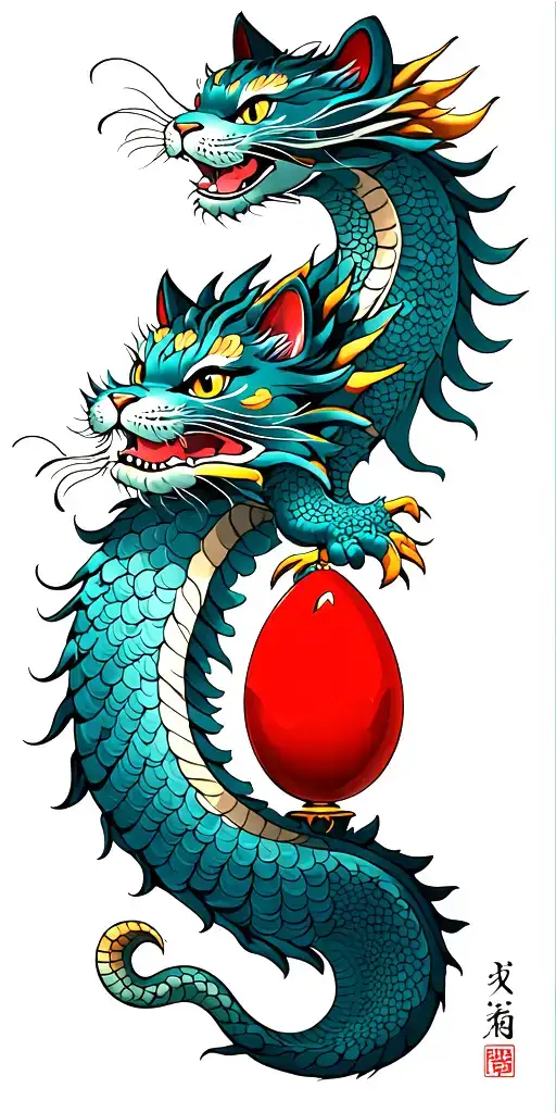maneki-neko in the form of a dragon, towering over a red egg tattoo tattoo design idea