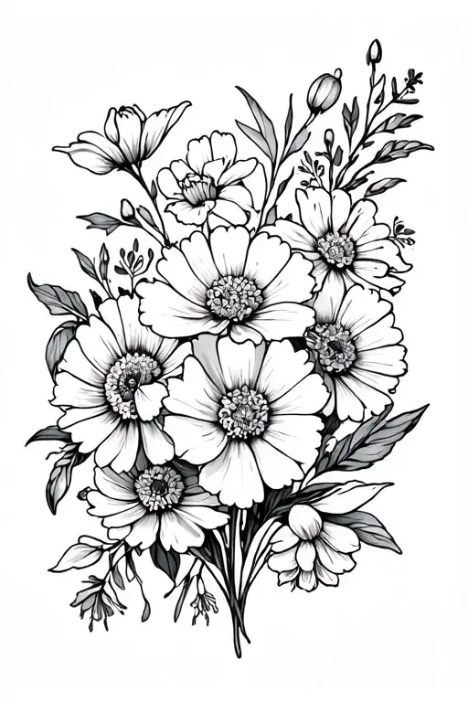 carnation, snowdrop, marigold and cosmos flowers tattoo design idea