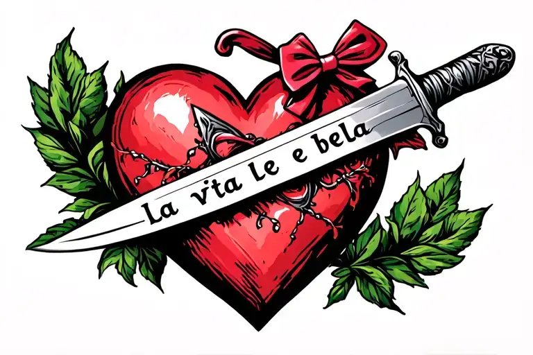 heart being penetrated by a sword with a bowtie saying "la vita e bella" tattoo design idea