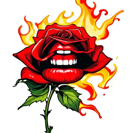 red lips and teeth biting down on the stem of a red rose with fire Aron's the perimeter  tattoo design idea