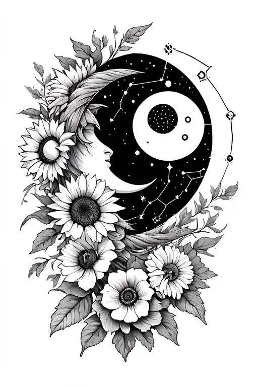 leo and taurus zodiac sign with constellations, waning crescent moon, sunflowers, roses, poppies, venus, sun, no animals tattoo design idea