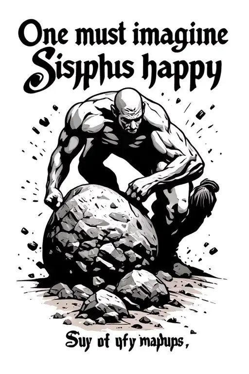 "One must imagine Sisyphus happ" Sisyphus pushing a boulder with the ground made up of the text tattoo design idea